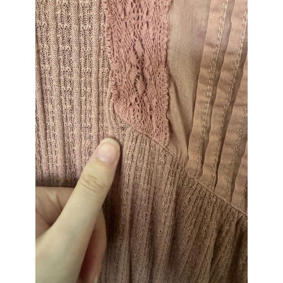 Lucky Brand Blouse Size M Pink Henley V-Neck Pleated Lace Romantic Boho Peasant - Picture 6 of 12